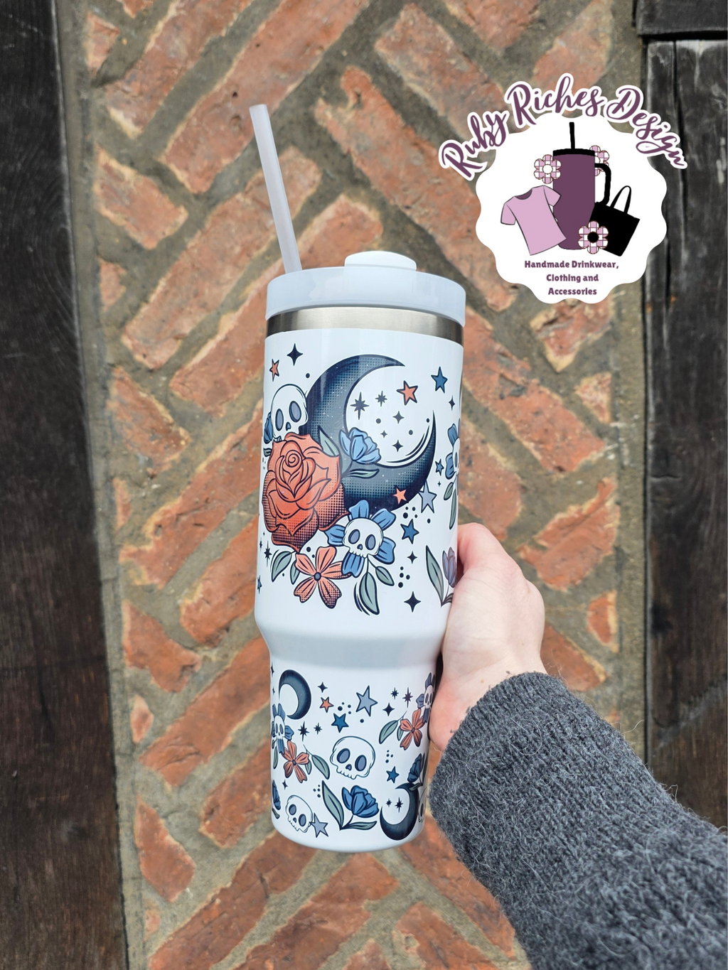 Floral Moon Theme 40oz Double Wall Insulated Metal Tumbler