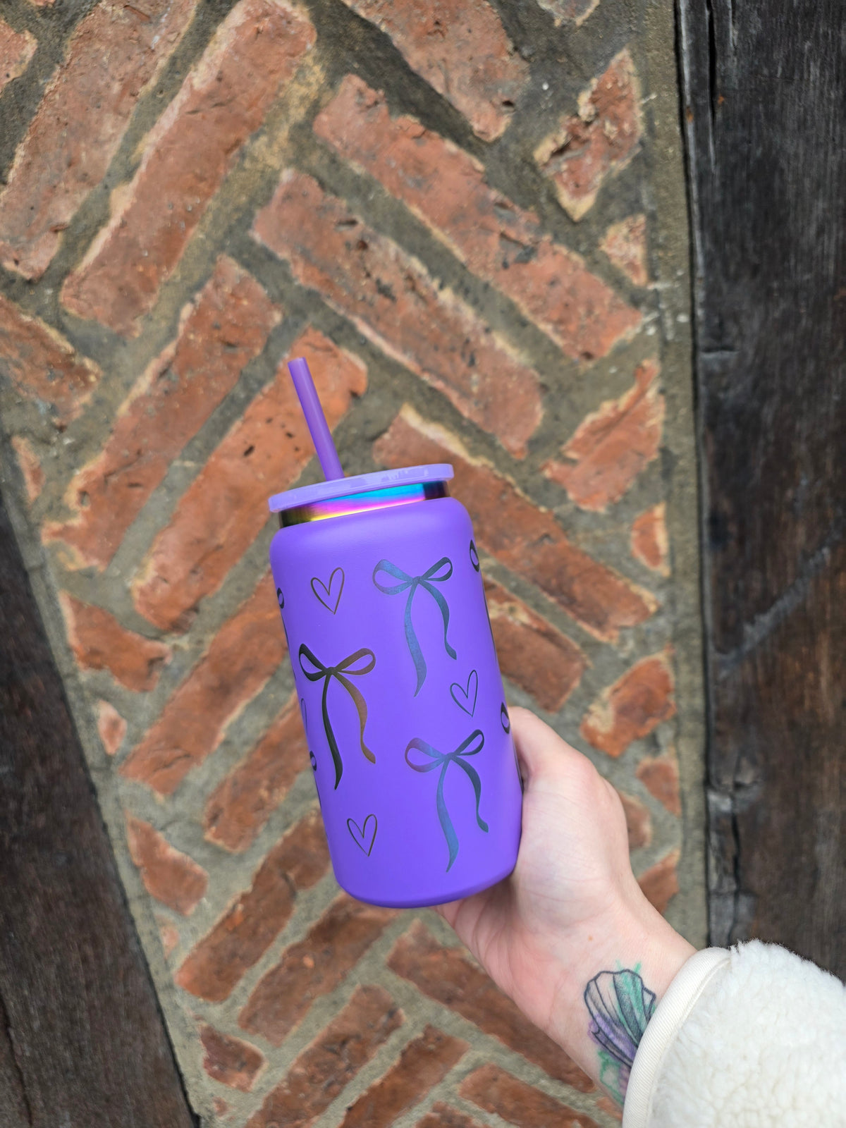 Purple Bows Theme Rainbow Plated Engraved 16oz Double Wall Insulated Metal Tumbler
