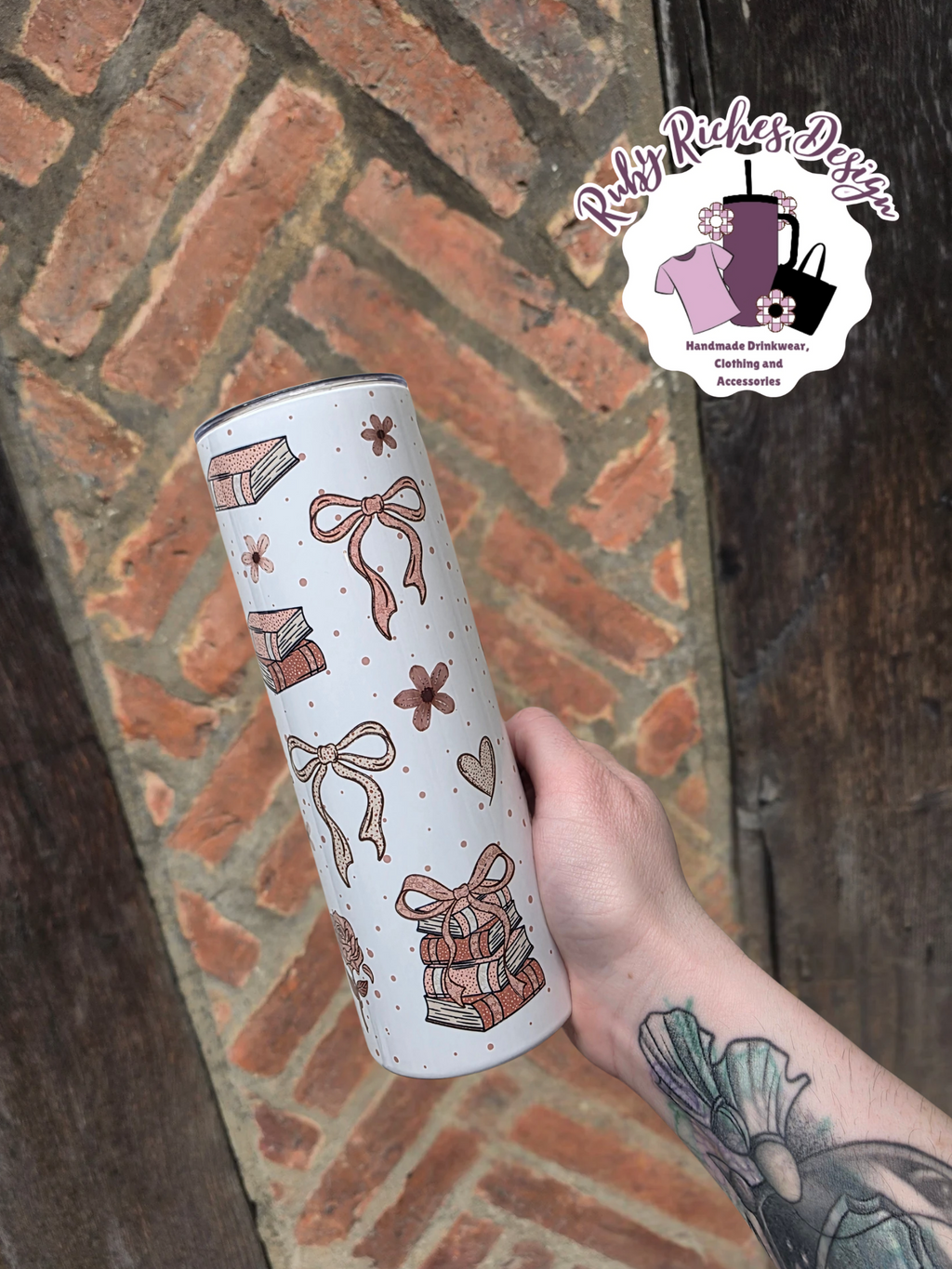 Ditsy Bows And Books 20oz Double Wall Insulated Metal Tumbler with metal straw and Cleaner