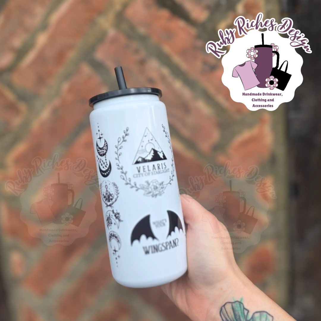 Valeris Theme 16oz skinny Double Wall Insulated Metal Tumbler with black lid and straw