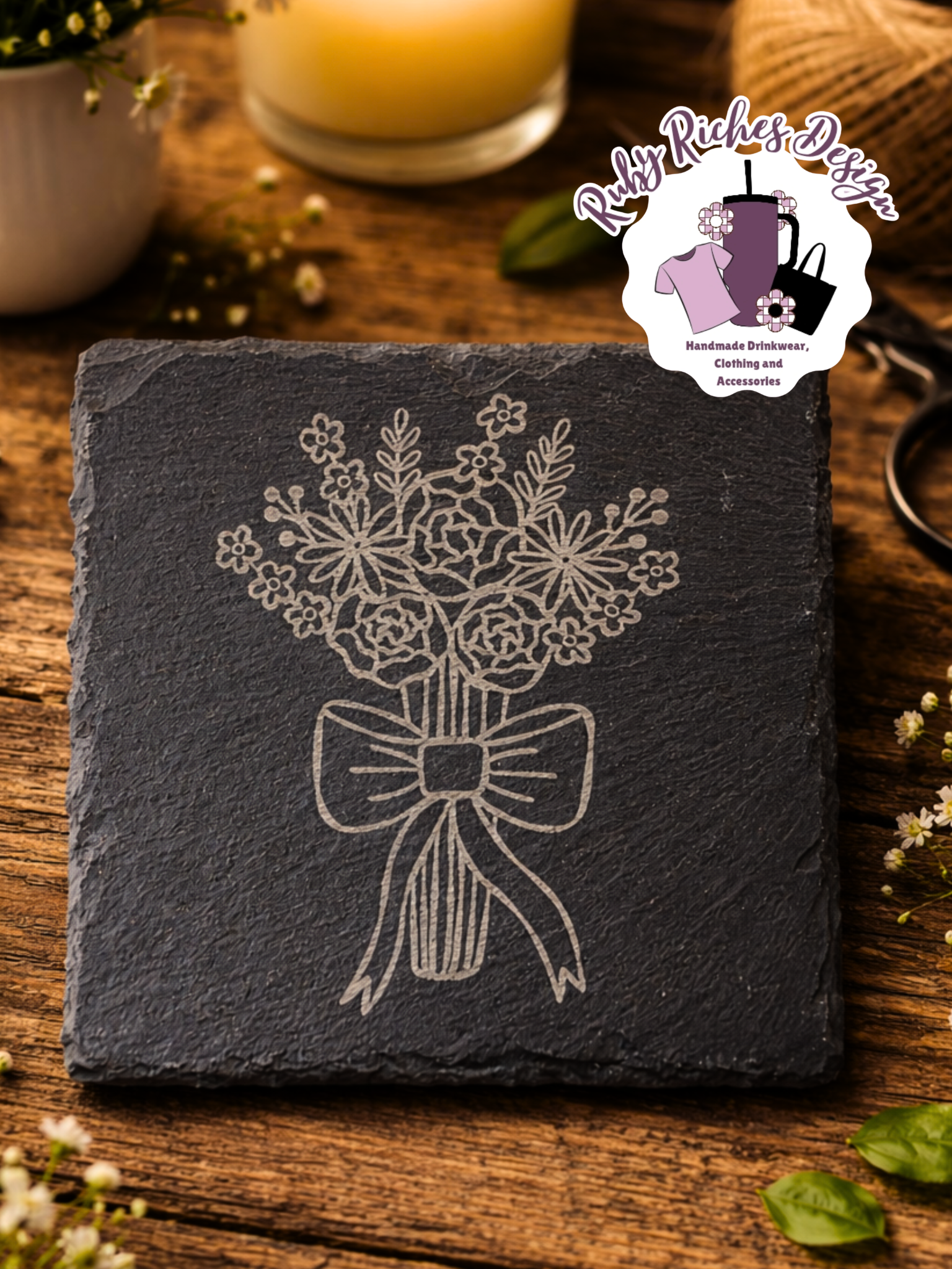 Floral Bouquet Engraved Slate Coaster