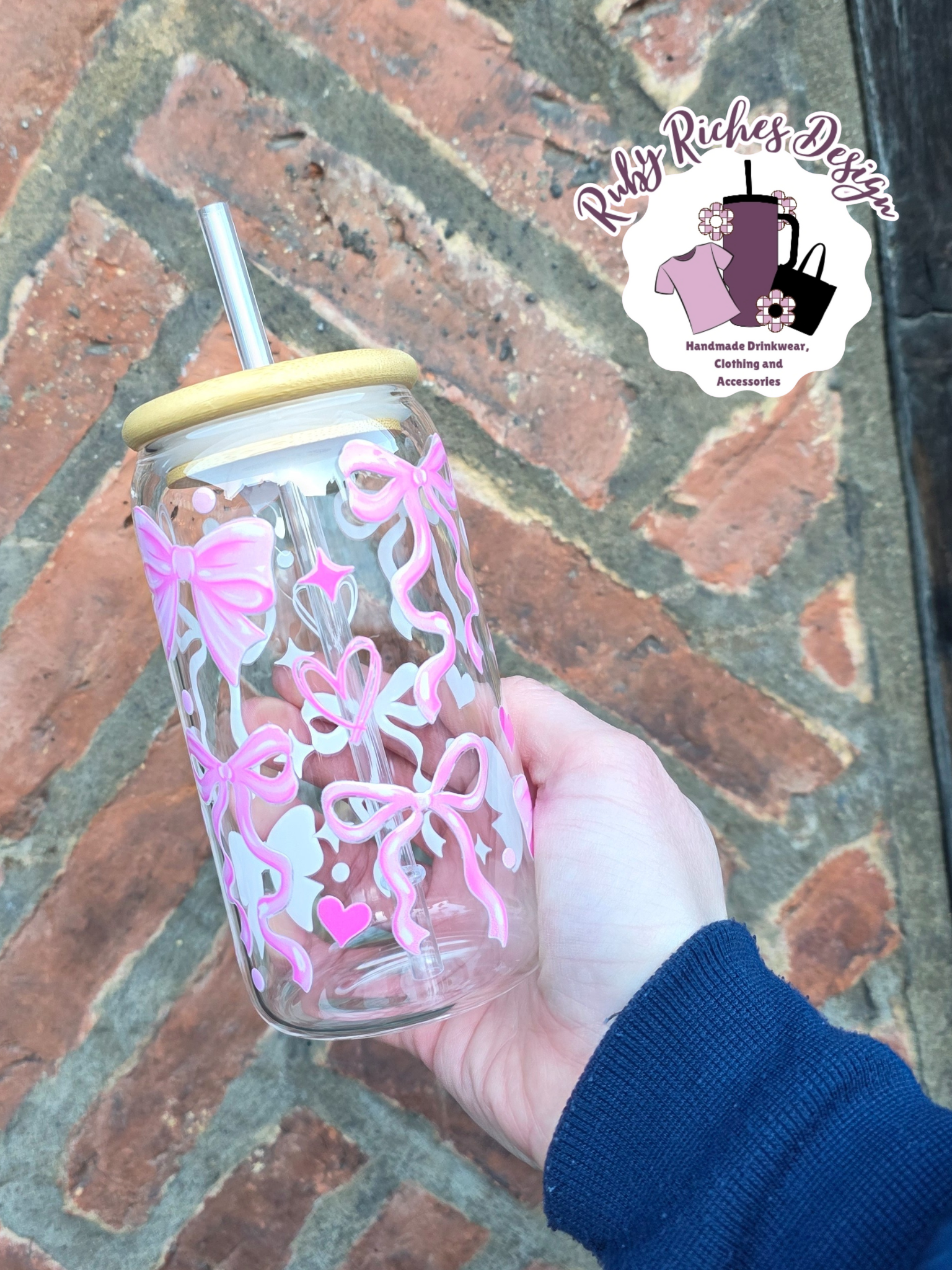 Pink Love Heart Bows Glass Tumbler