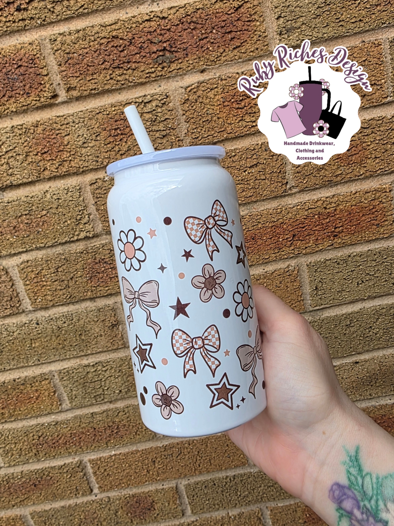 Neutral Floral And Bows 16oz Double Wall Insulated Metal Tumbler
