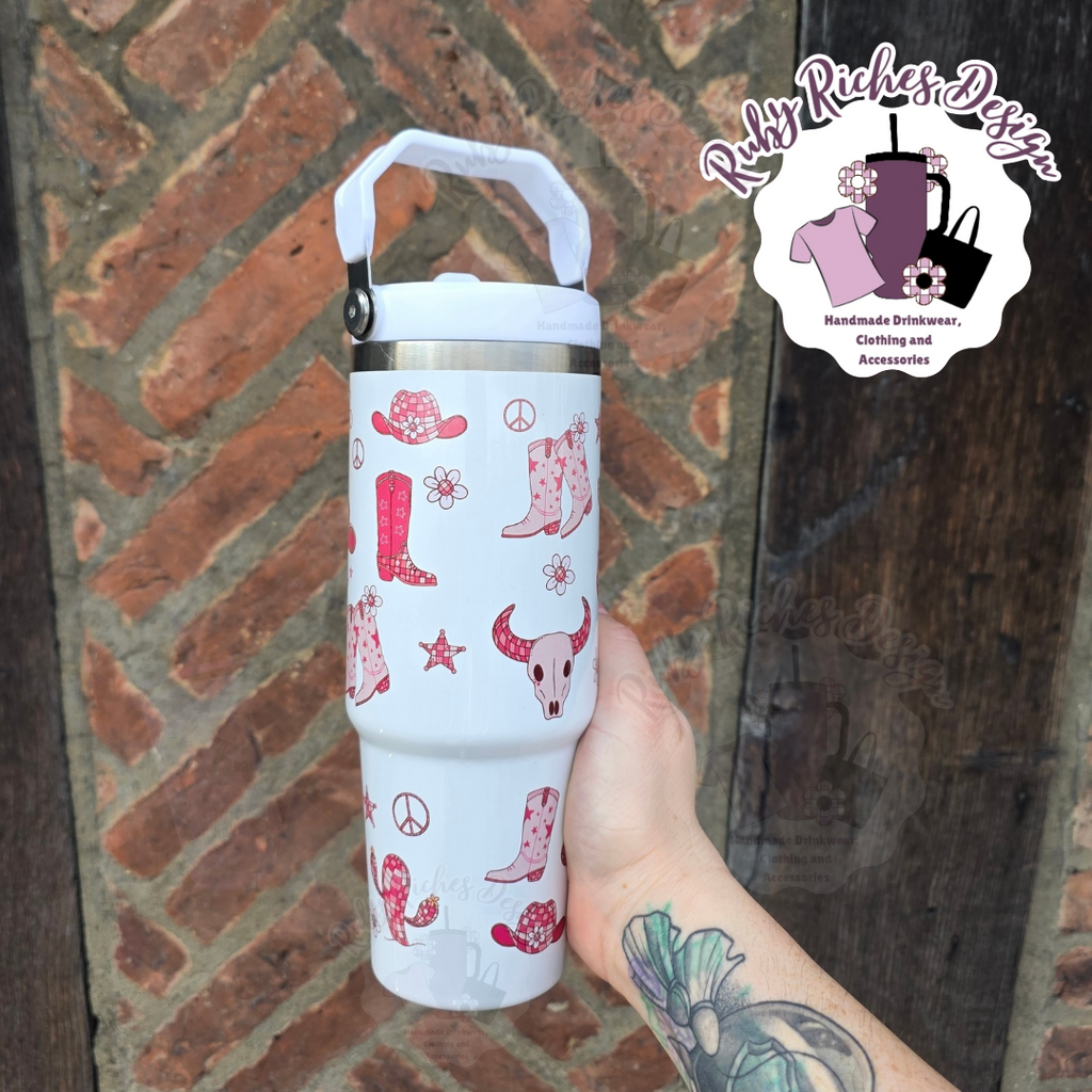 Pink Western Theme 30oz Flip Lid Double Wall Insulated Metal Tumbler