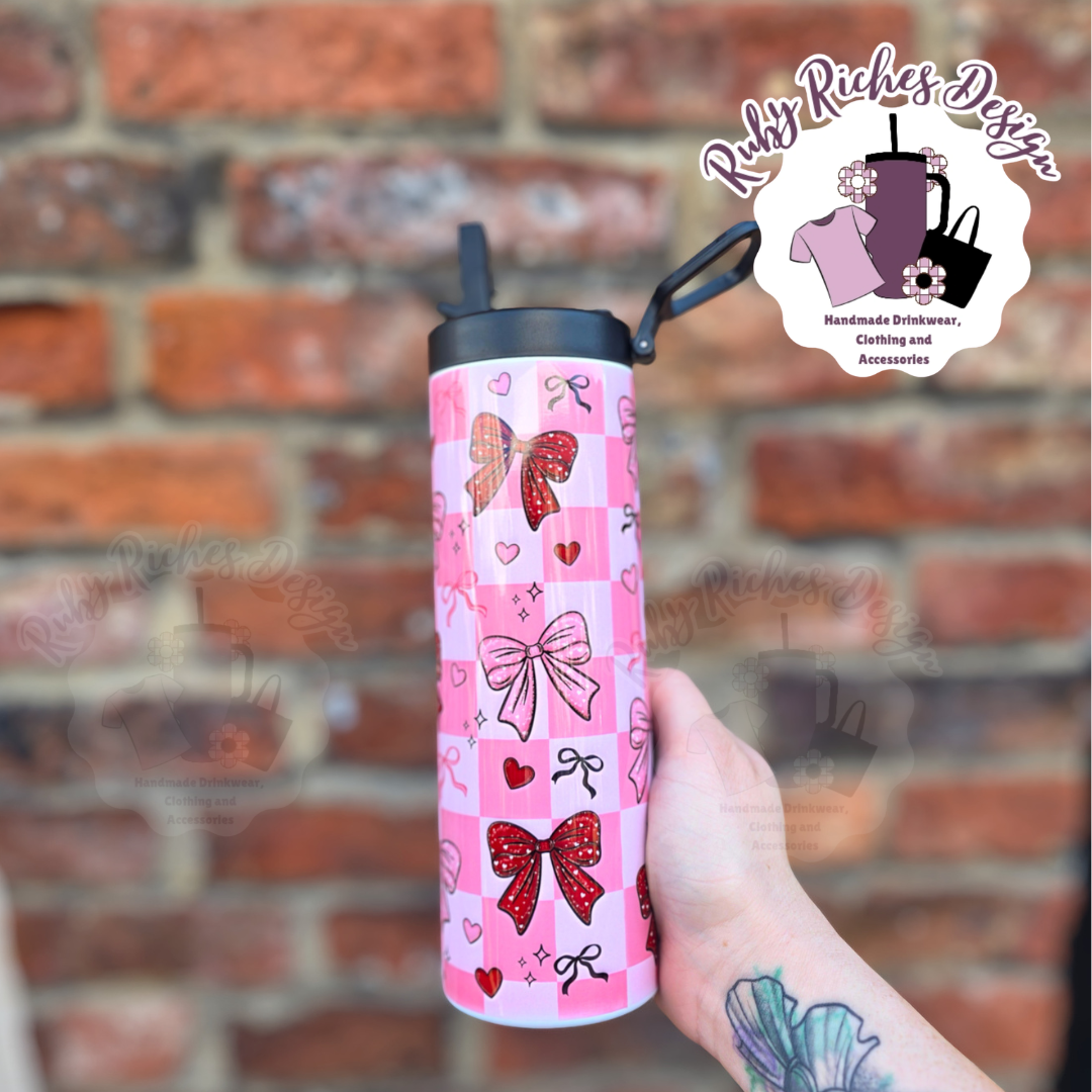 Checkered pink bows 20oz Double Wall insulated flip lid bottle