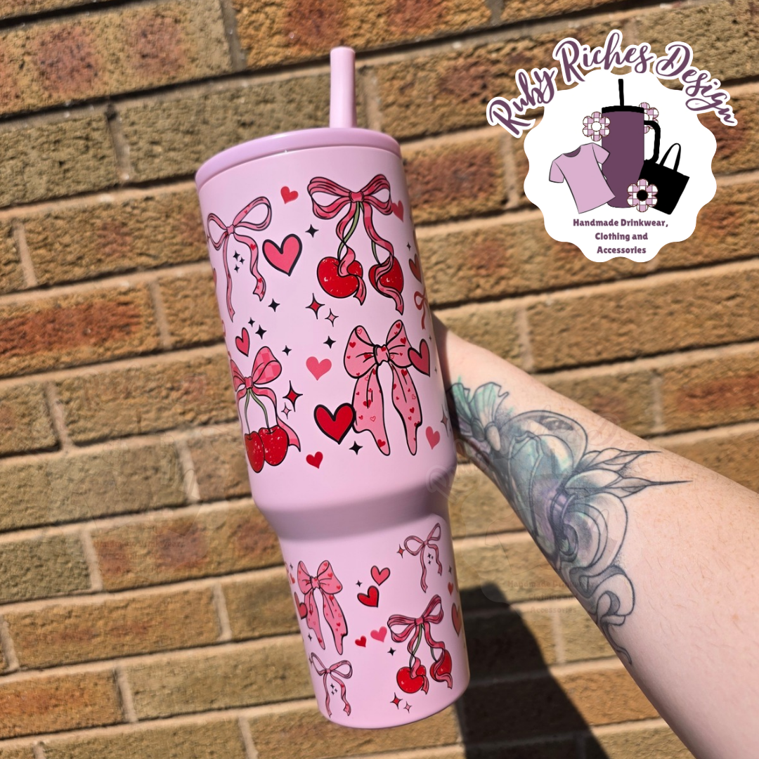 Cherry Theme 40oz Flip Lid Metal Tumbler with double wall insulation