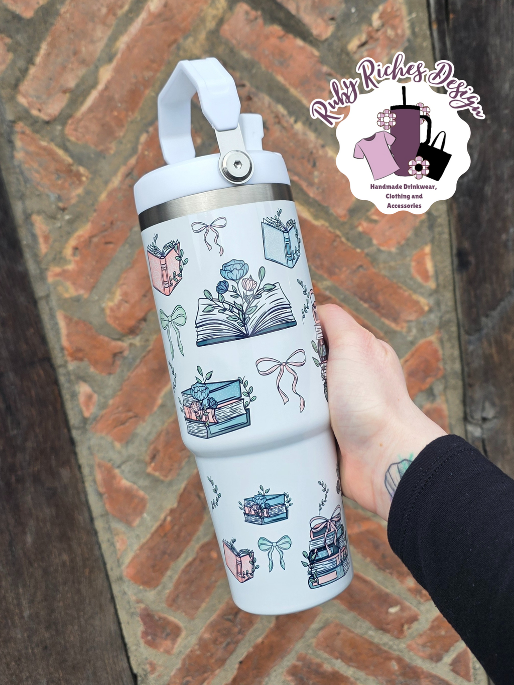 Books And Bows 30oz Flip Lid Double Wall Insulated Leakproof Tumbler