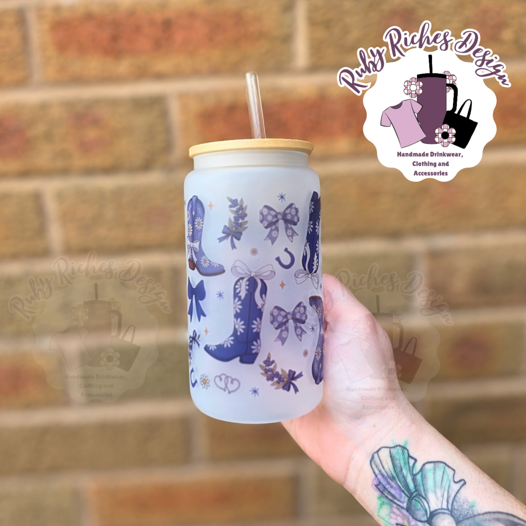 Blue Bows And Boots Western Theme 16oz Glass Tumbler