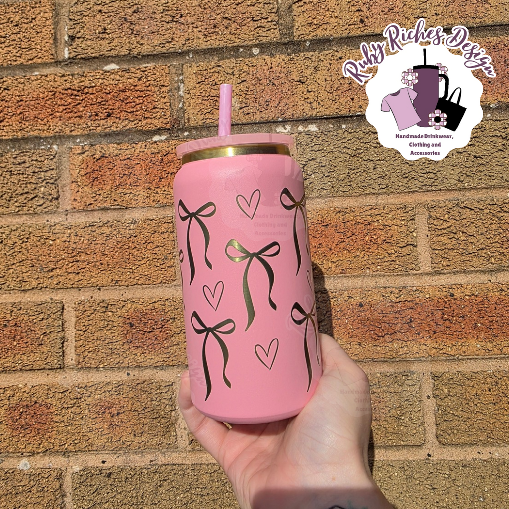 Bows Theme Rainbow Plated Pink Engraved 16oz Double Wall Insulated Metal Tumbler