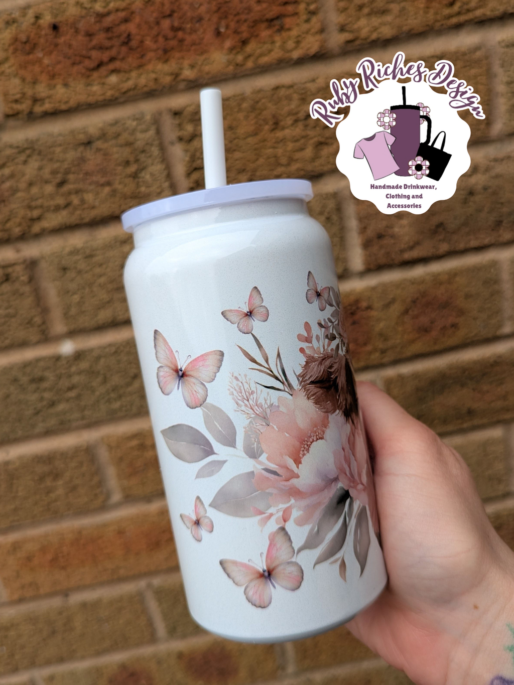 Highland Cow Pink And Sage Butterfly 16oz Metal Tumbler