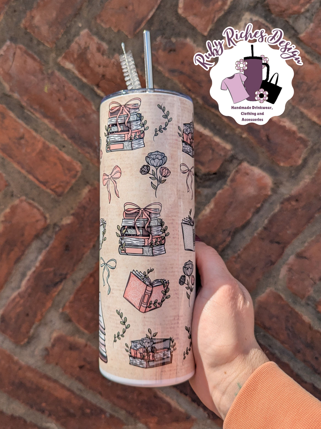 Floral Bows Book Theme 20oz Double Wall Insulated Metal Tumbler