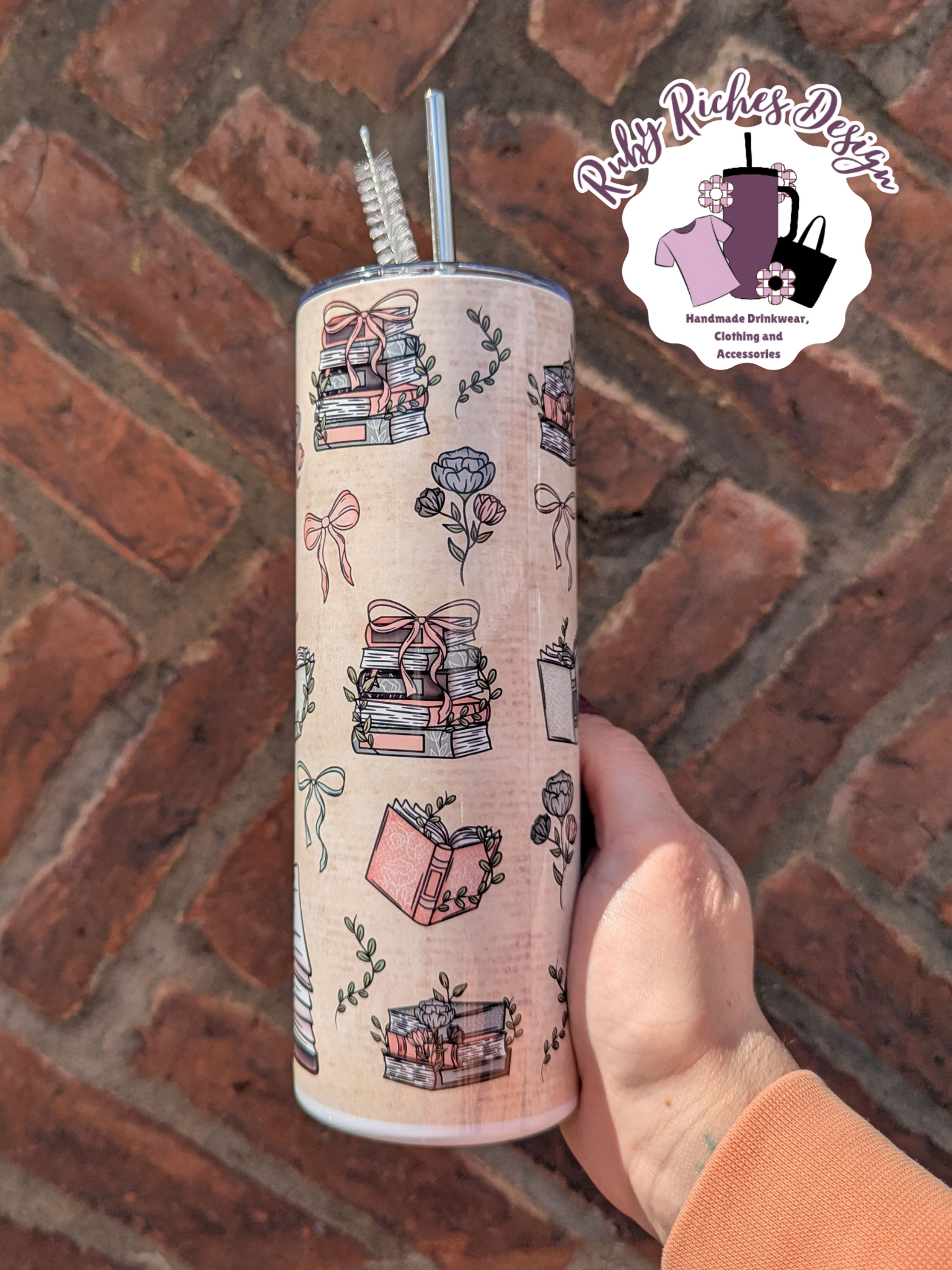 Floral Bows Book Theme 20oz Double Wall Insulated Metal Tumbler