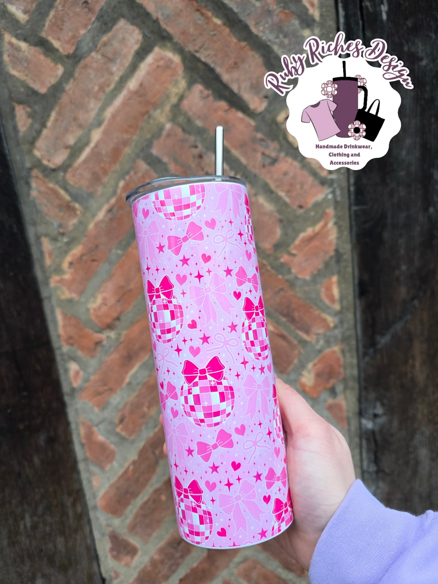 Pink Bow Disco Ball 20oz Double Wall Insulated Metal Tumbler