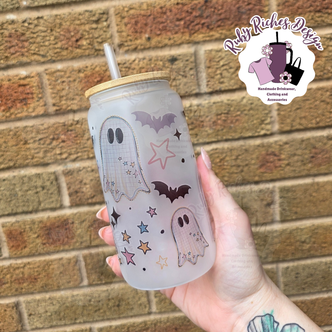 Spooky Ghost Theme on frosted Glass 16oz Tumbler