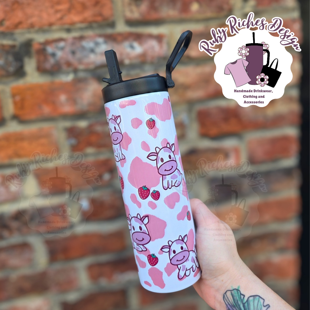 Pink Strawberry Cow 20oz Flip Lid Double Wall Insulated Bottle