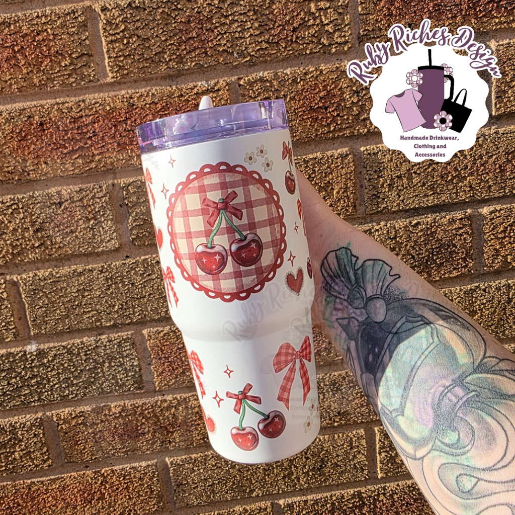 Checkered Cherry 14oz Mini Style Flip Lid Leakproof Double Wall Insulated Metal Tumbler