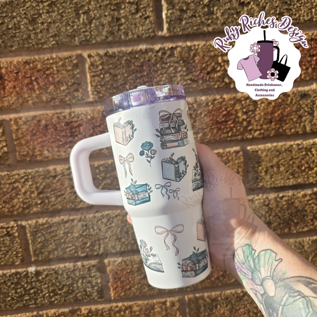 Books And Bows Mini Stlyle 14oz Flip Lid Metal Tumbler with double wall insulation and Leakproof flip lid