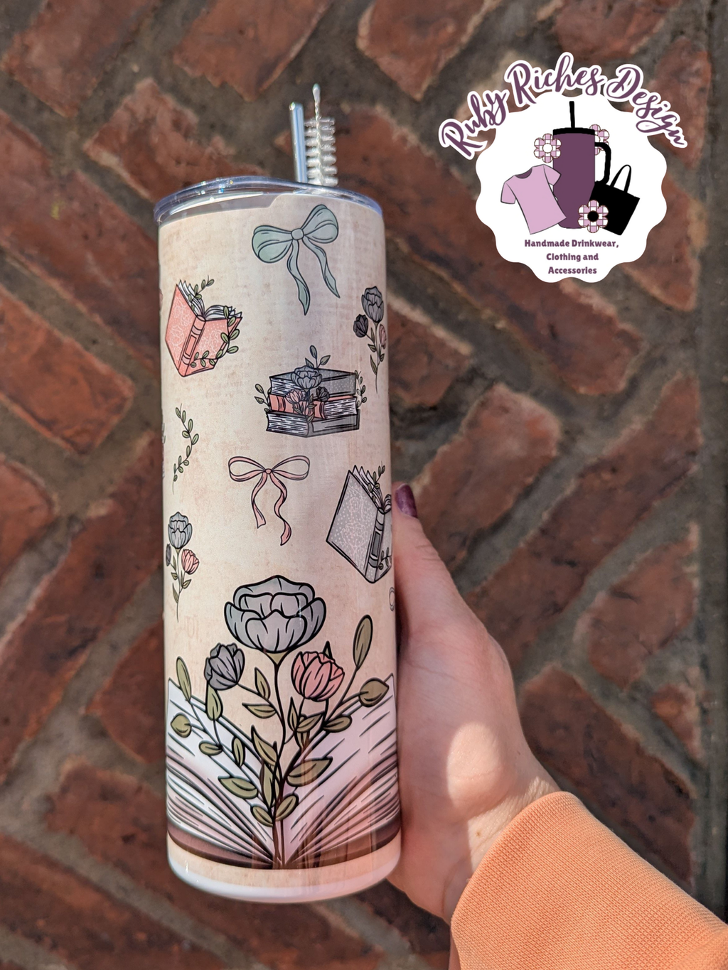 Floral Bows Book Theme 20oz Double Wall Insulated Metal Tumbler