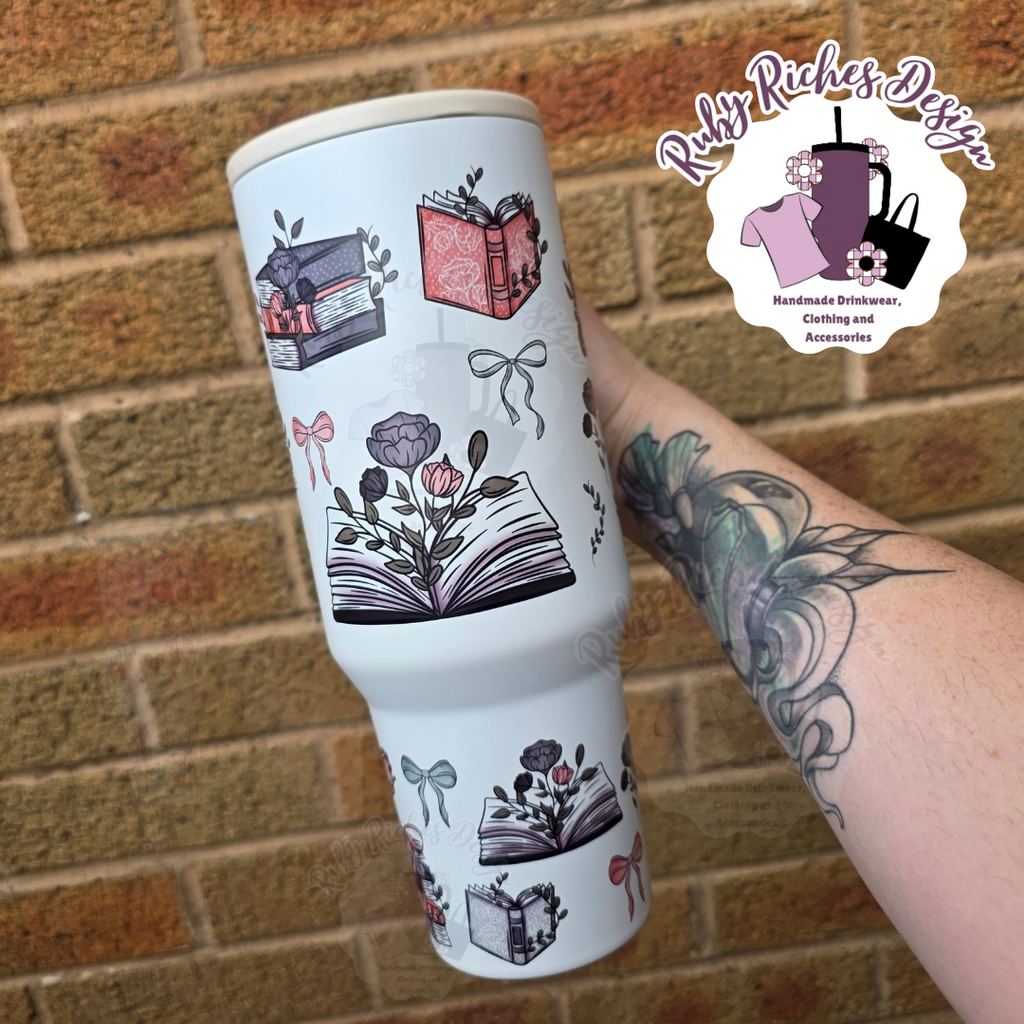 Books And Bows 40oz Double Wall Insulated Metal Tumbler with Flip Lid