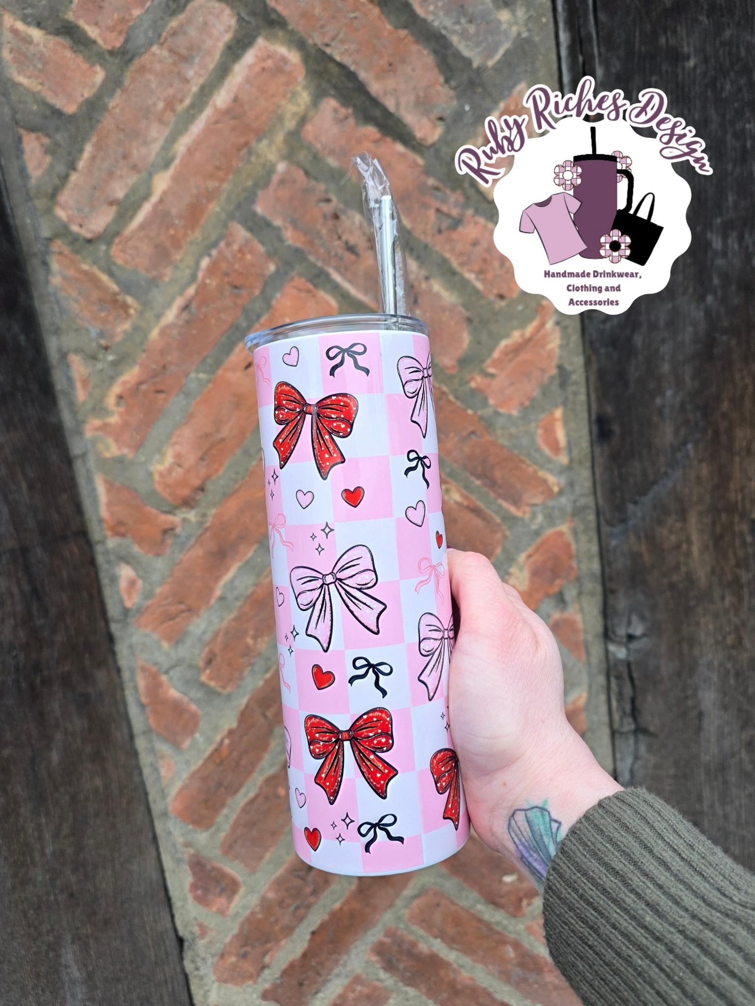 Bows And Hearts Theme 20oz Double Wall Insulated Metal Tumbler