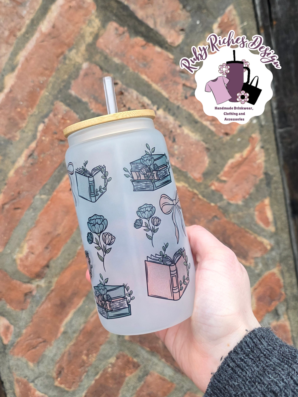 Books And Bows Frosted Glass Tumbler With Bamboo Lid