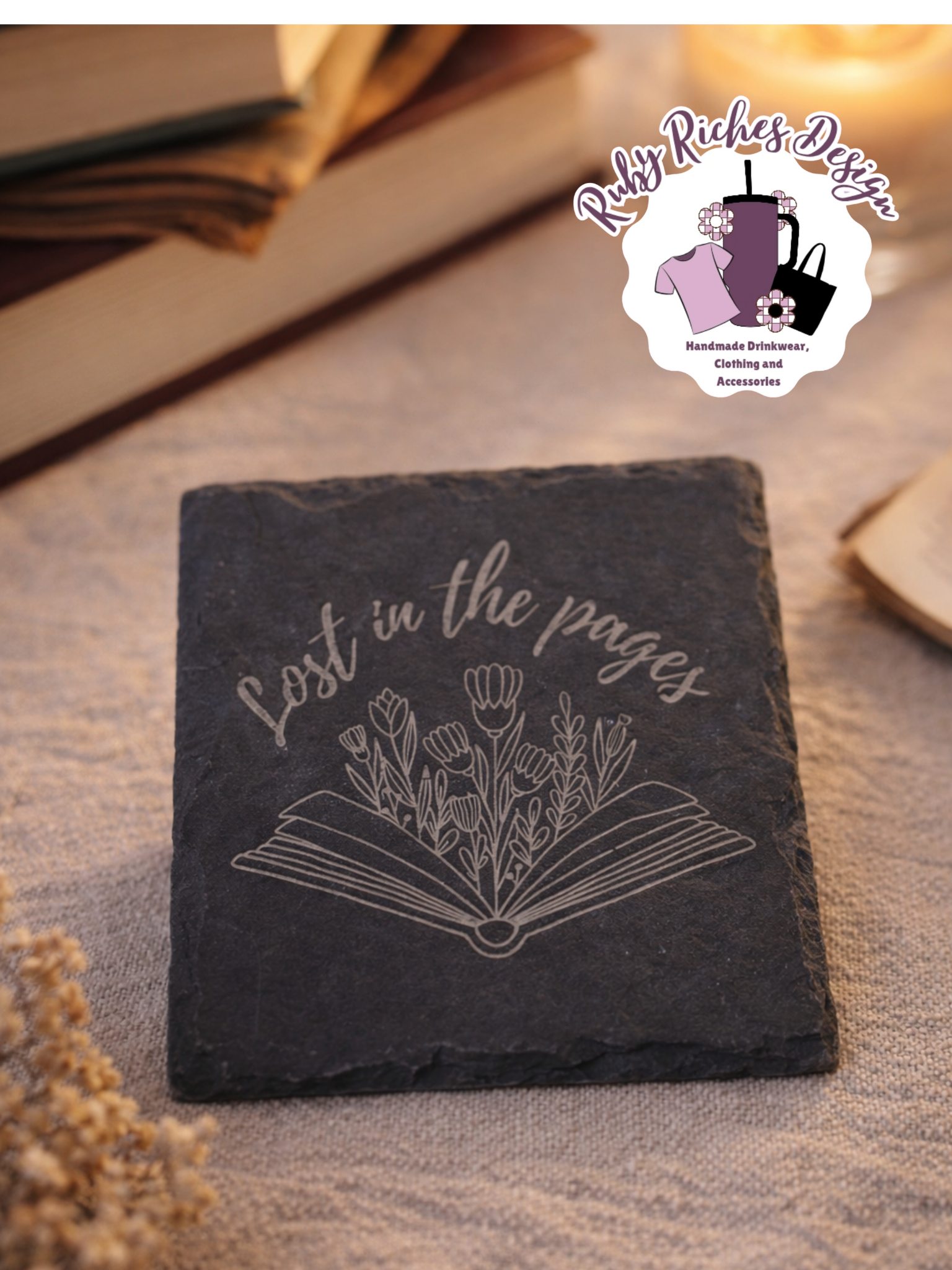 Lost In The Pages Book Theme Slate Coaster