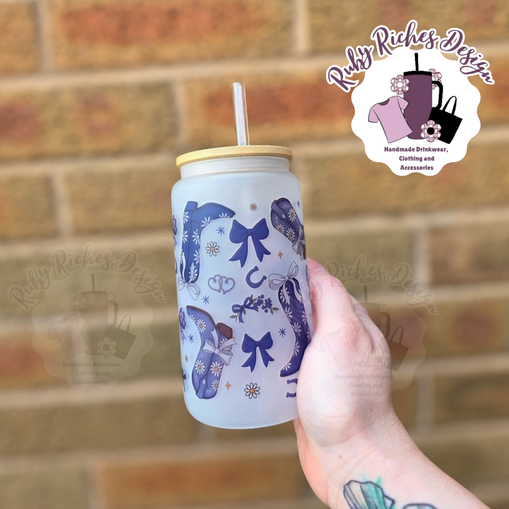 Blue Bows And Boots Western Theme 16oz Glass Tumbler