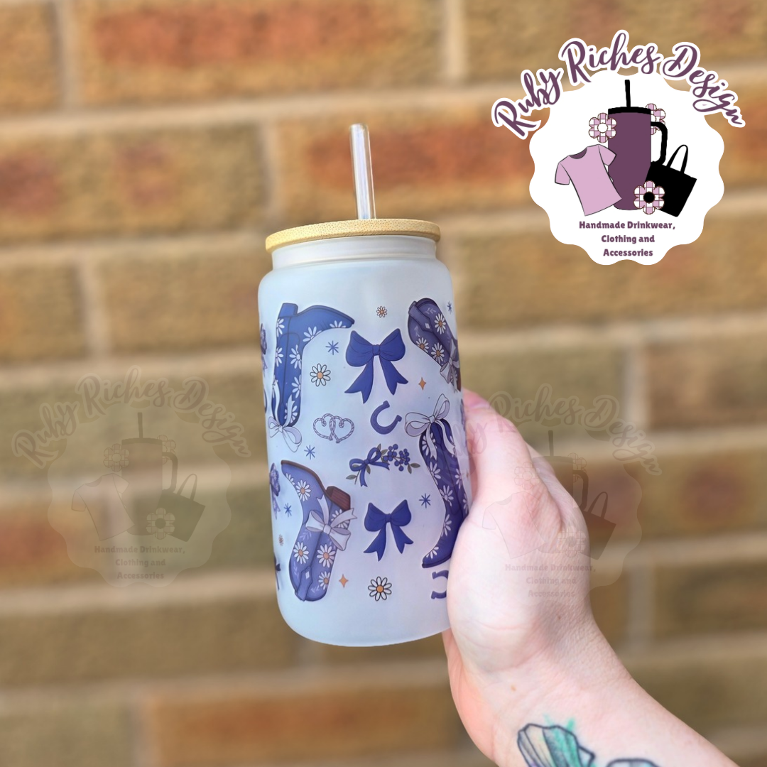 Blue Bows And Boots Western Theme 16oz Glass Tumbler
