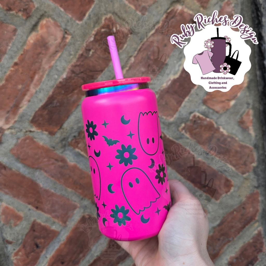 Pink Rainbow Plated Ghostie Theme 16oz Engraved Tumbler