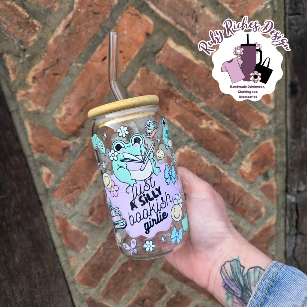 Bookish Girly cute frog 16oz Glass Tumbler