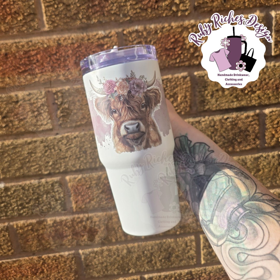 Floral Highland Cow 14oz Leakproof Mini Style Double Wall Insulated Metal Tumbler