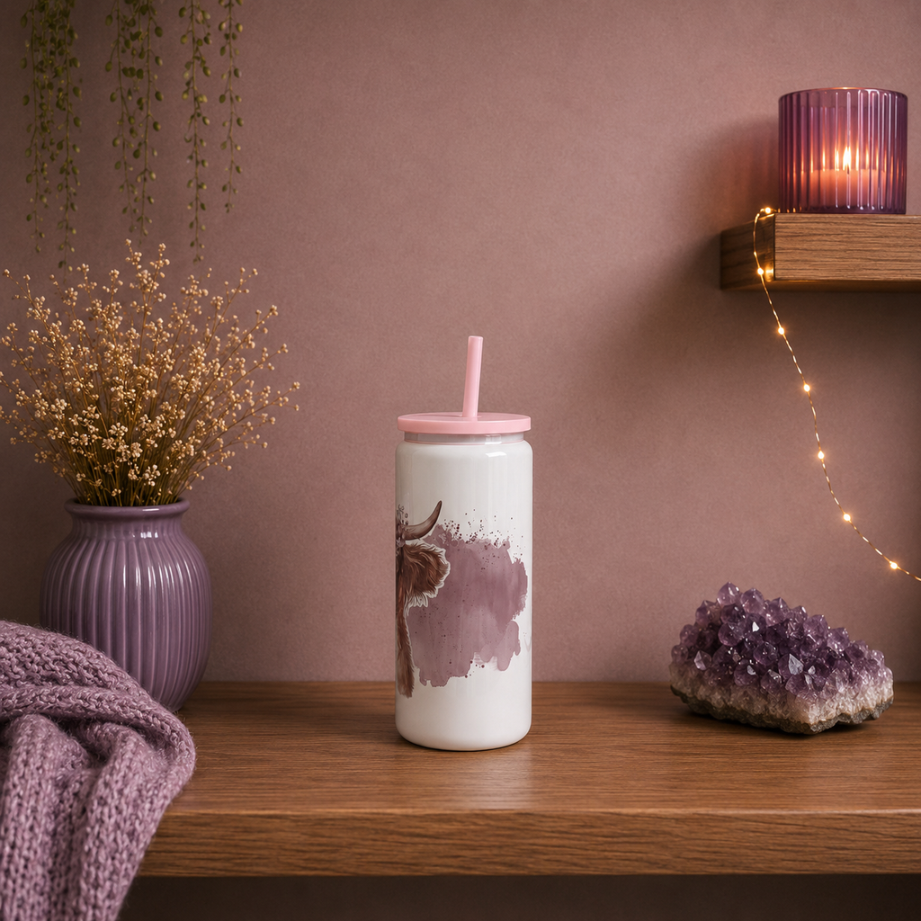 Highland Cow 16oz Skinny Metal Tumbler with Double Wall Insulation, Pink lid and straw