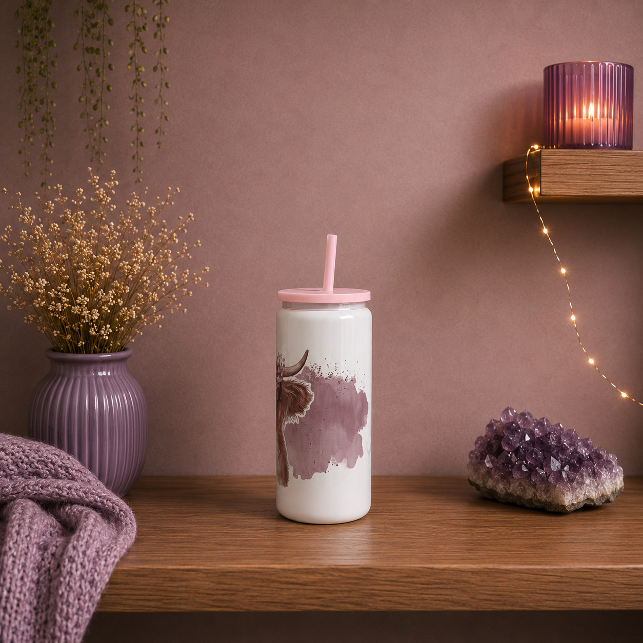 Highland Cow 16oz Skinny Metal Tumbler with Double Wall Insulation, Pink lid and straw