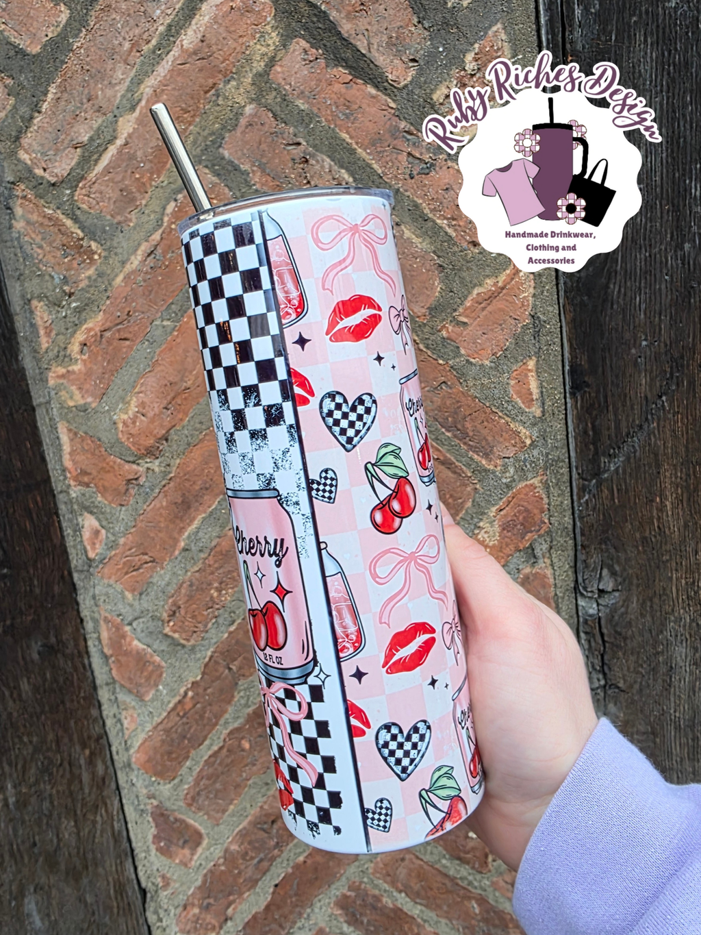 Very Cherry Checkered 20oz Double Wall Insulated Metal Tumbler