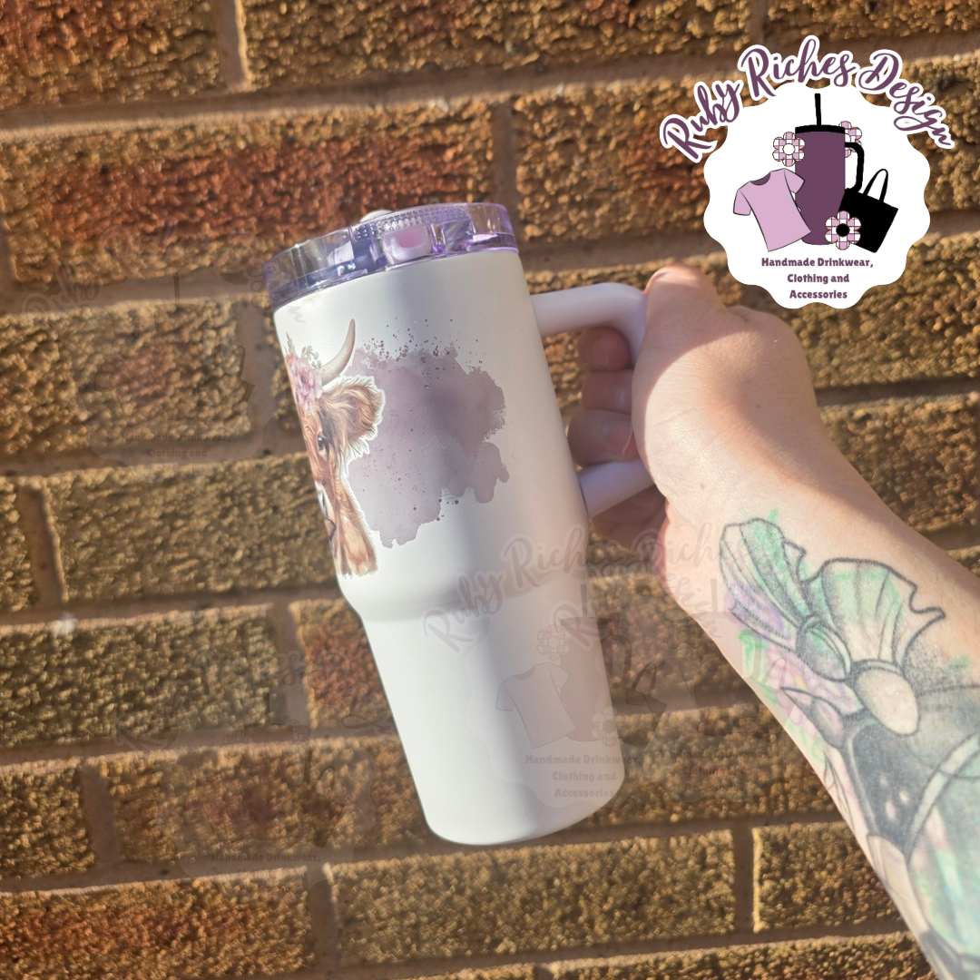 Floral Highland Cow 14oz Leakproof Mini Style Double Wall Insulated Metal Tumbler