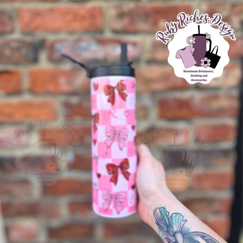 Checkered pink bows 20oz Double Wall insulated flip lid bottle