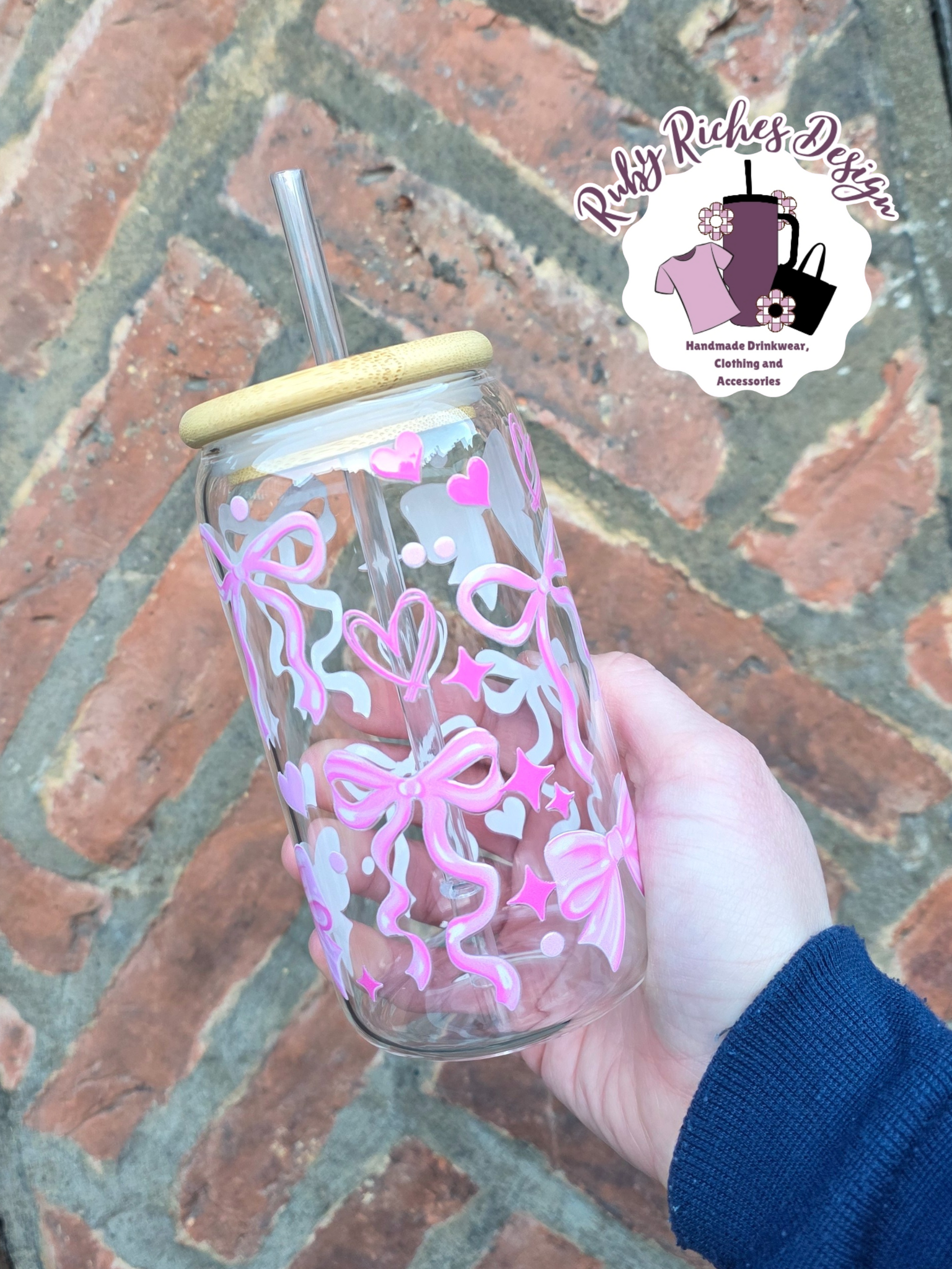 Pink Love Heart Bows Glass Tumbler