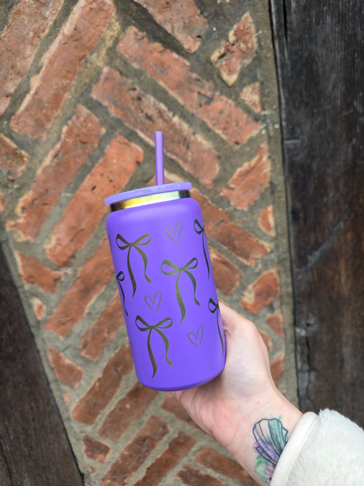 Purple Bows Theme Rainbow Plated Engraved 16oz Double Wall Insulated Metal Tumbler