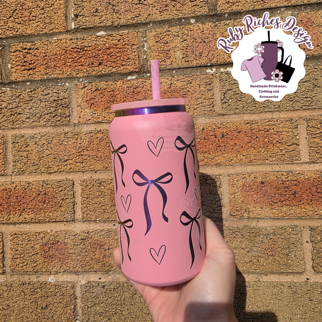 Bows Theme Rainbow Plated Pink Engraved 16oz Double Wall Insulated Metal Tumbler