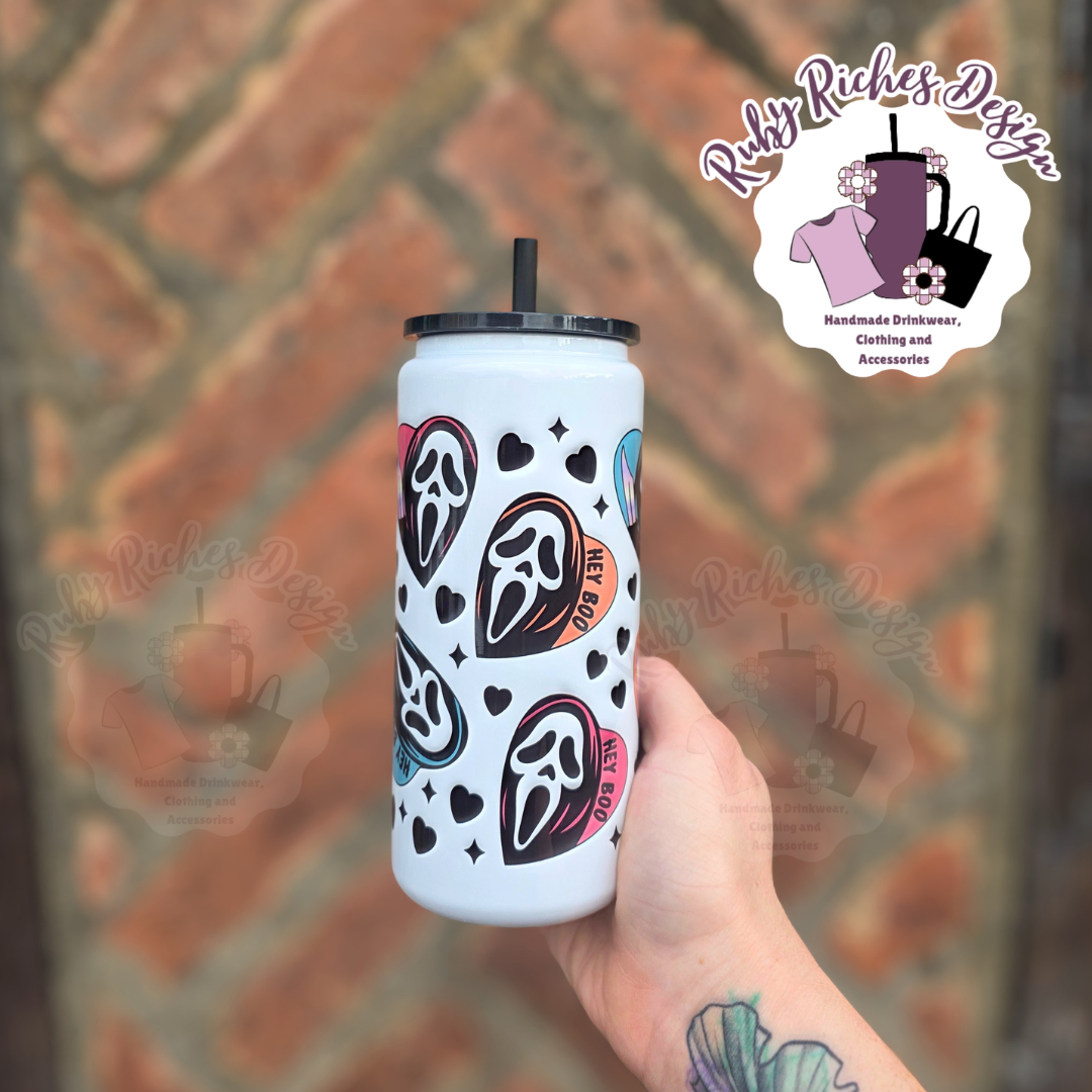 Ghost Face 16oz Skinny Metal Tumbler, Double Wall Insulation With Black Lid