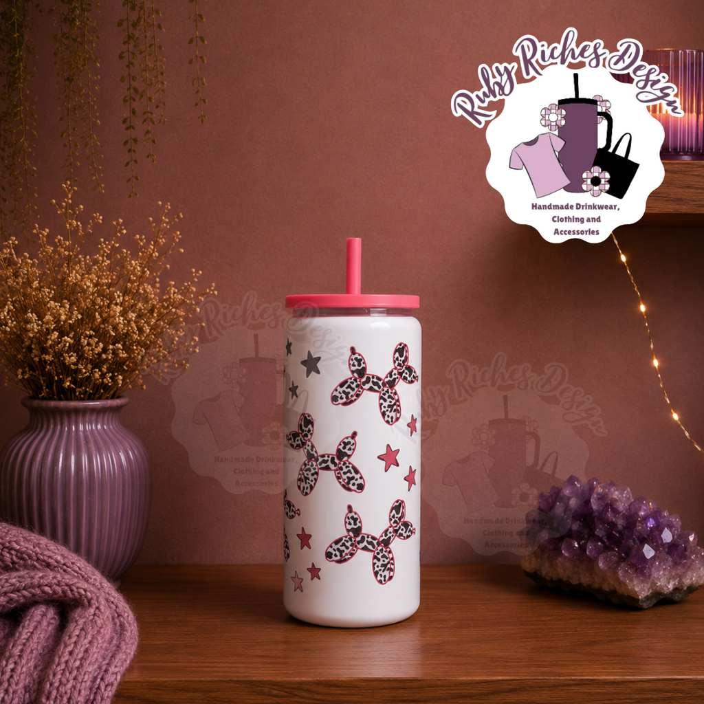 Baloon Dog Print 16oz Skinny Double wall insulated metal tumbler with hot pink and lid