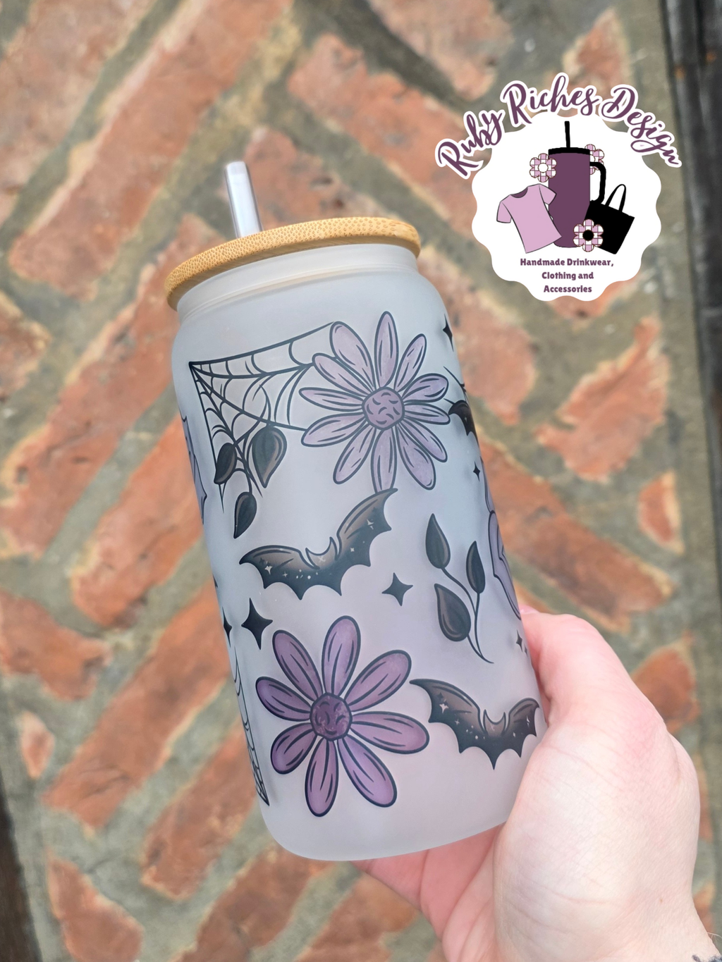 Spooky Florals Frosted Glass Tumbler With Bamboo Lid