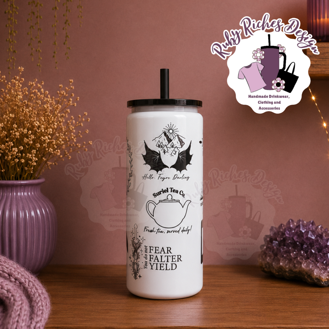 Valeris Theme 16oz skinny Double Wall Insulated Metal Tumbler with black lid and straw