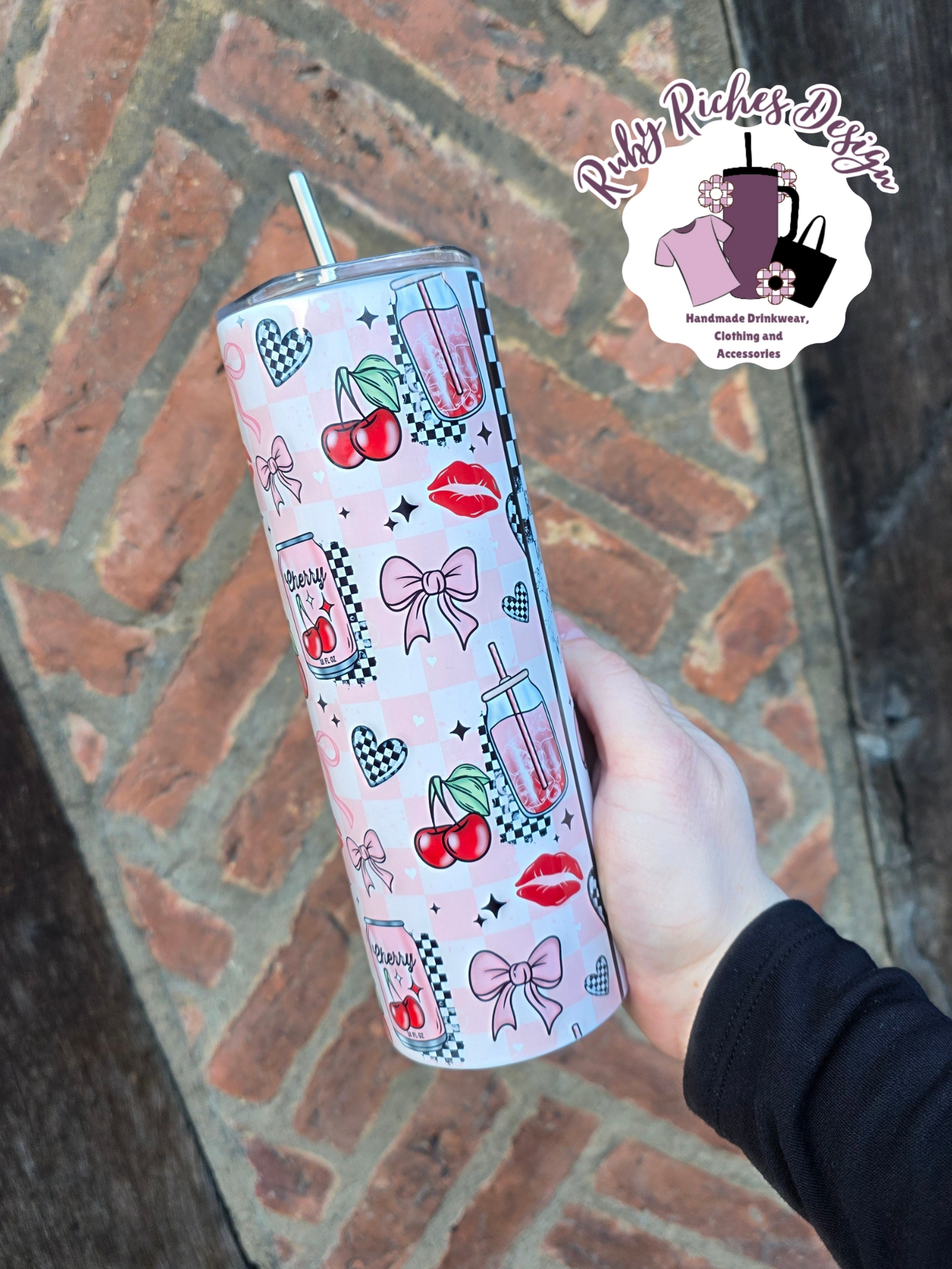 Very Cherry Checkered 20oz Metal Tumbler