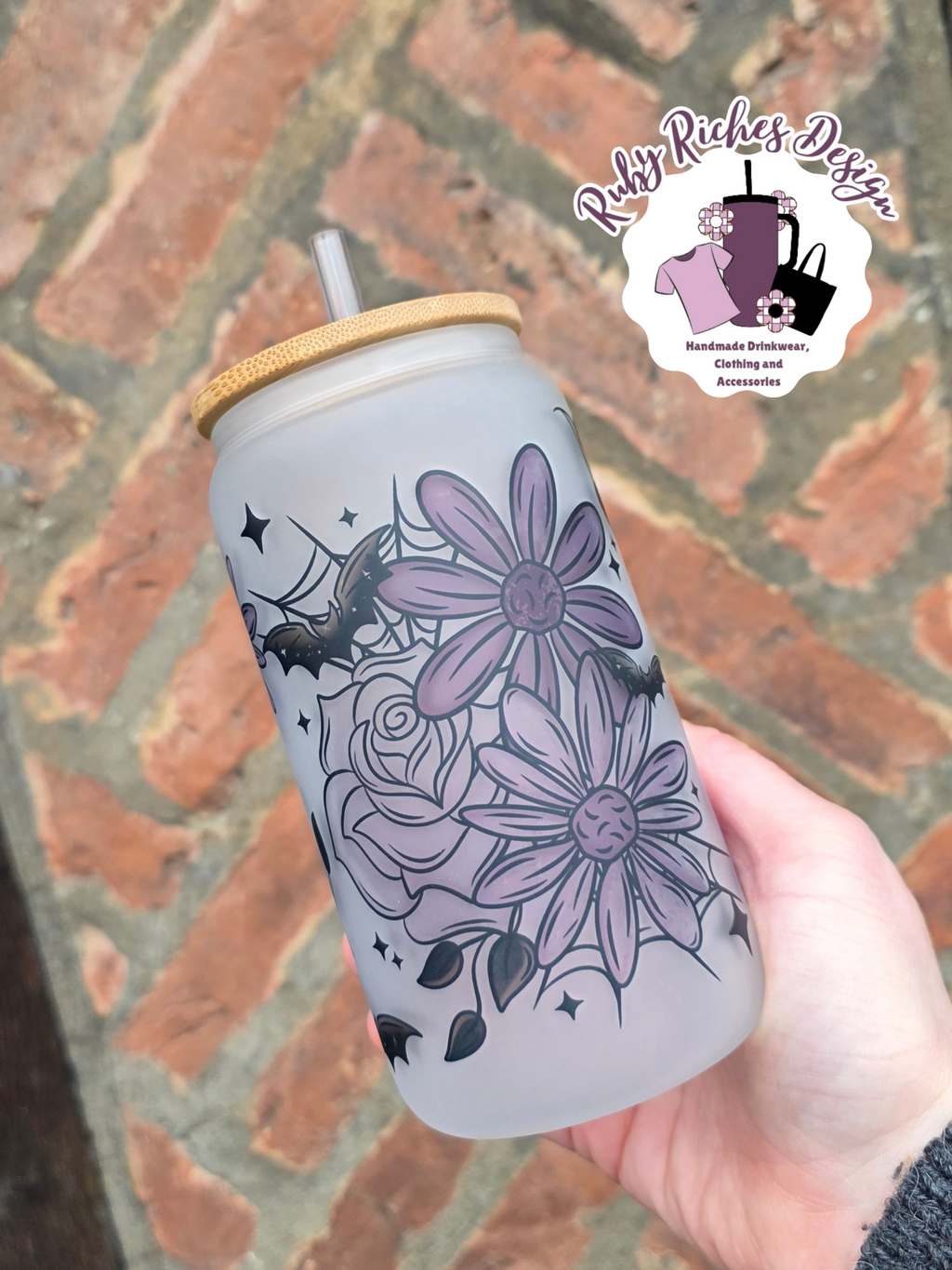Spooky Florals Frosted Glass Tumbler With Bamboo Lid