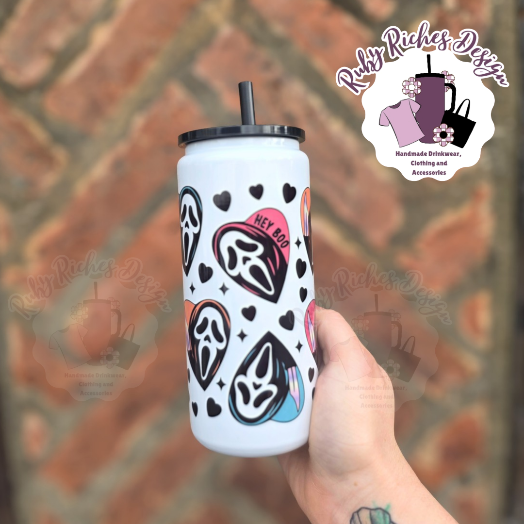 Ghost Face 16oz Skinny Metal Tumbler, Double Wall Insulation With Black Lid