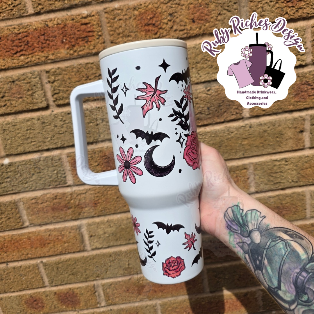 Pink Floral Ghostie 40oz Flip Lid Double Wall Insulated Metal Tumbler