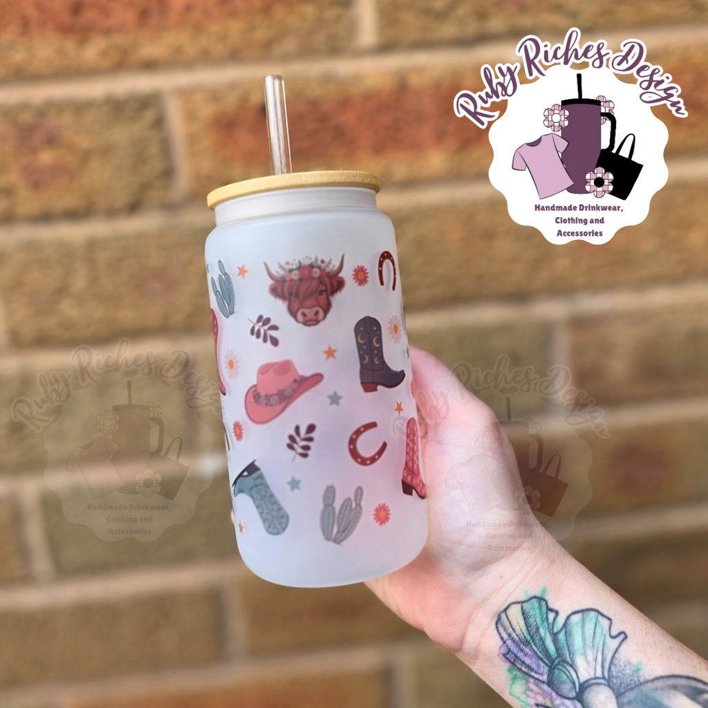 Floral Cow Western theme 16oz Glass Tumbler