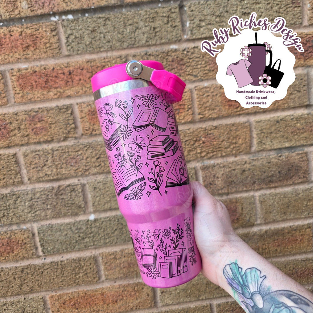 Sorry Im All Booked Up 30oz Hot Pink Shimmer Flip Lid Tumbler With Double Wall Insulation