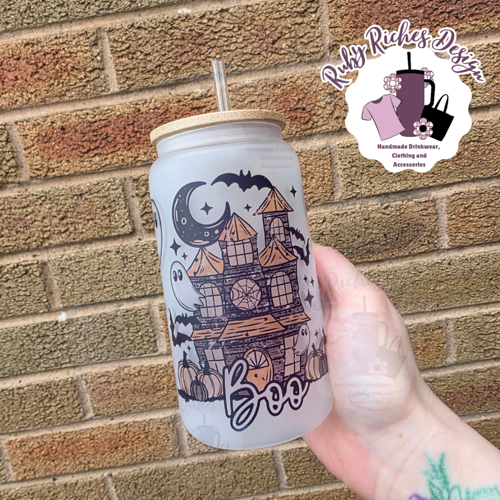 Boo Haunted House Theme 16oz Frosted Glass Tumbler